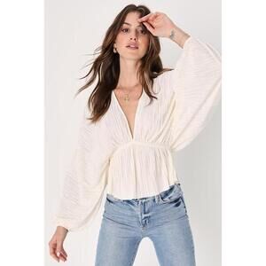 Lulus Radiant Flirt Ivory Satin Plisse Long Sleeve Top White - Size XXS
